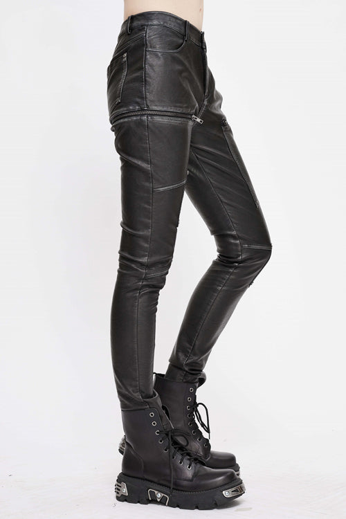 Black Punk Biker Block Shaped Patchwork Hand Rubbed Leather Womens Pants