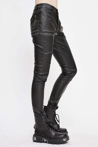 Black Punk Biker Block Shaped Patchwork Hand Rubbed Leather Womens Pants