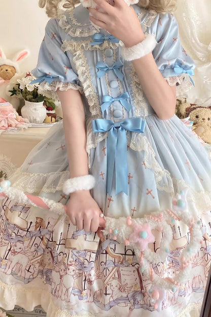 Blue [Angel Lamb] Lapel Collar Short Sleeves Printed Ruffled Bow Sweet Lolita Dress