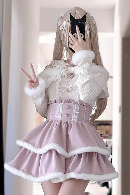 Jirai Kei Off Shoulder Long Sleeves Bow Lace Pearl-Decorated Sweet Knitwear 2 Colors