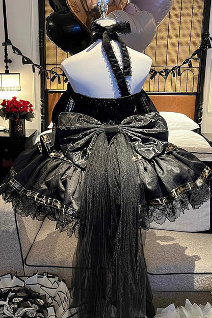 Black [Young Lady] Halterneck Sleeveless Multi-Layered Ruffle Bowknot Elegant Princess Gothic Lolita Dress