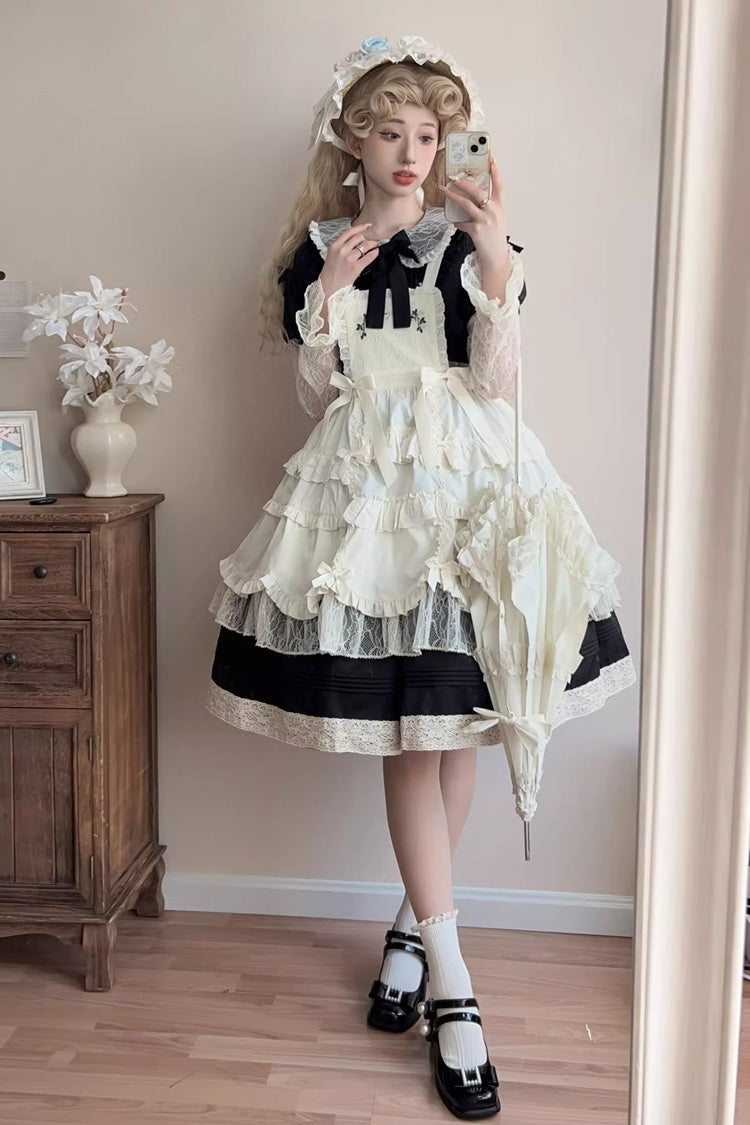 Black [Mist over Flowers Along the Path] Lapel Collar Long Sleeves Embroidery Bowknot Lace Sweet Lolita Dress