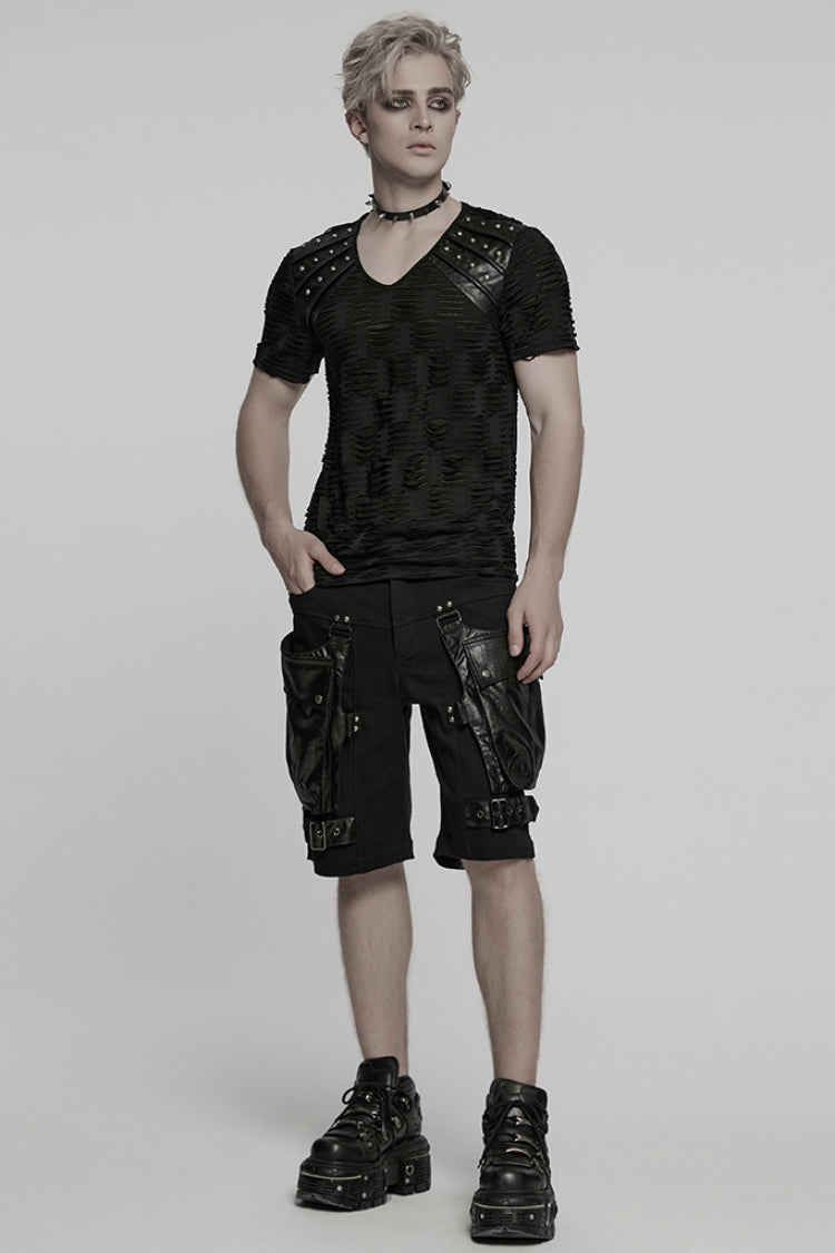 Black Short Sleeves Jacquard Faux Leather Stitching Ripped Rivet Men's Punk T-Shirt