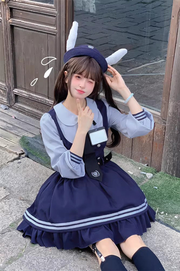 Blue [Rabbit Officer] Long Sleeves Printed Ruffled Faux Two-Piece College Style Sweet Lolita Dress