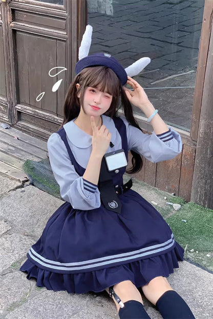 Blue [Rabbit Officer] Long Sleeves Printed Ruffled Faux Two-Piece College Style Sweet Lolita Dress