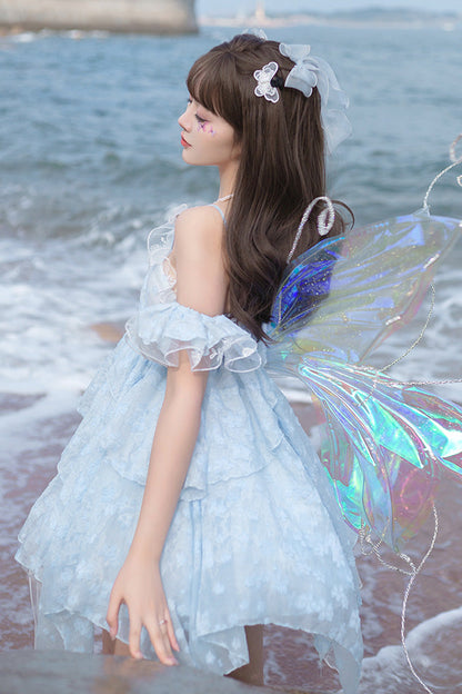 Blue [Summer of Bubbles] Sleeveless Ruffle Embroidery Lace Irregular Short Sweet Lolita Jsk Dress