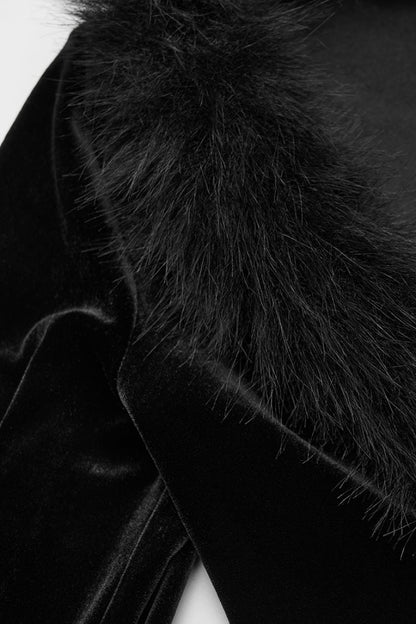 Black V Collar Long Sleeves Faux Fur Spliced Lace-Up Women's Gothic Cardigan