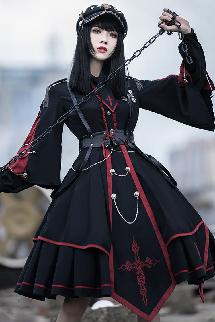 Black/Red Long Sleeves Punisher Military Irregular Gothic Lolita Dress Full Set