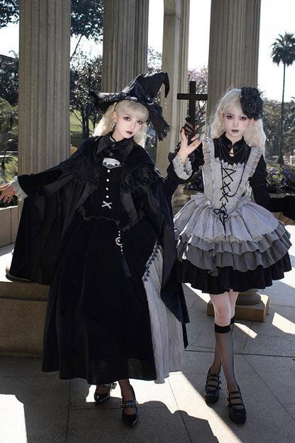 Black Witch Long Sleeves Ruffle Bowknot Stitching Lace Gothic Lolita Long Dress