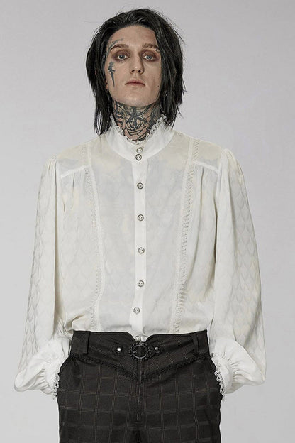 White Punk Turtleneck Dragon Scale Jacquard Long Lantern Sleeves Lace Edge Men's Shirt