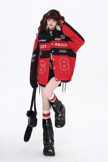 [Biker Girl] Long Sleeves Print Embroidery Zipper Detachable Jirai Kei Coat 3 Colors