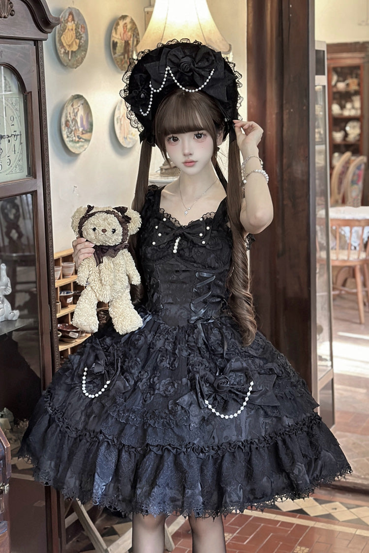 Black [Rose Princess] Sleeveless Ruffle Bowknot Lace Lace-Up Gothic Ballet Lolita Jsk Dress
