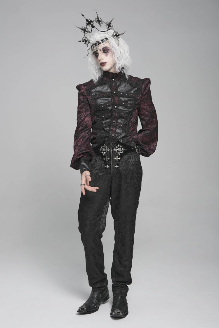 Black/Red Stand Collar Long Lantern Sleeves Floral Print Embroidery Men's Gothic Blouse