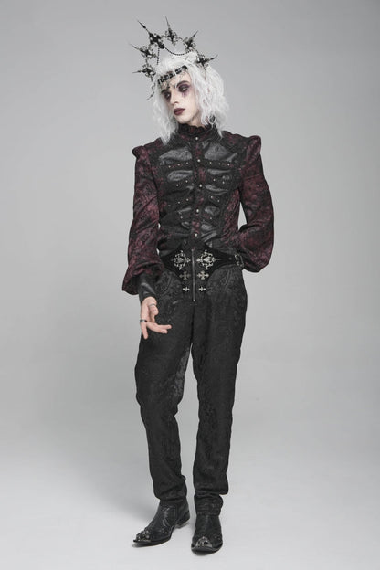 Black/Red Stand Collar Long Lantern Sleeves Floral Print Embroidery Men's Gothic Blouse