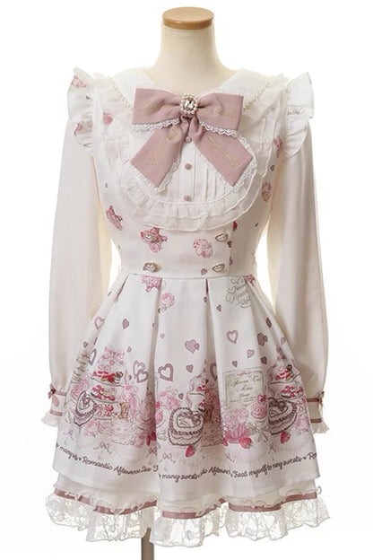 [Afternoon Tea] Long Sleeves Print Ruffle Bowknot Lace Sweet Jirai Kei Plus Size Dress 3 Colors