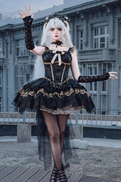 Black [Fleeting Light and Shallow Dream] Sleeveless Multi-Layered Ruffle Bowknot Lace Slim Gothic Ballet Lolita Jsk Dress