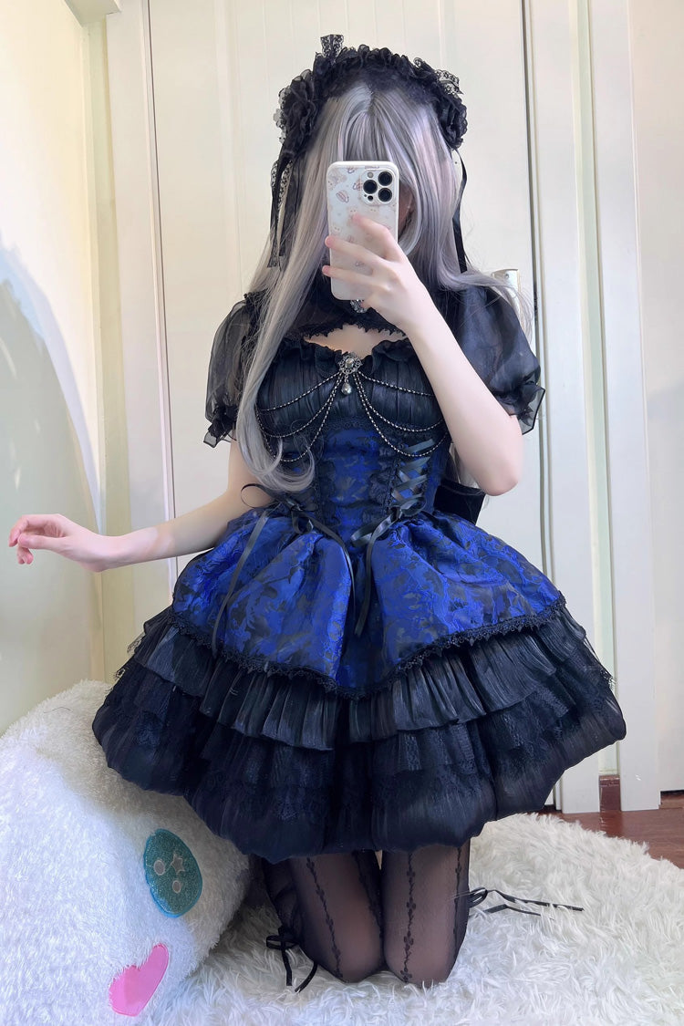 Black/Blue Ancient Dream of the Dark Night Print Ruffle Gothic Lolita Jsk Dress