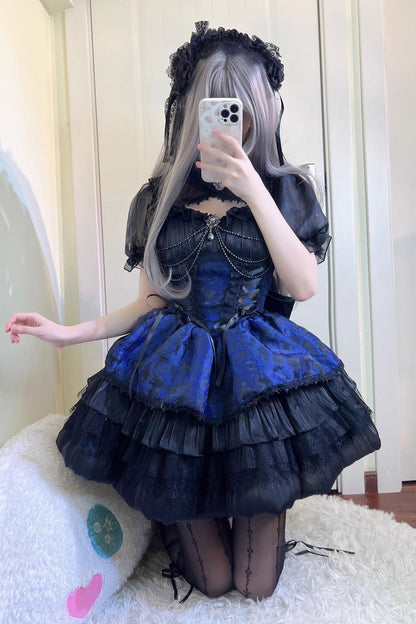 Black/Blue Ancient Dream of the Dark Night Print Ruffle Gothic Lolita Jsk Dress