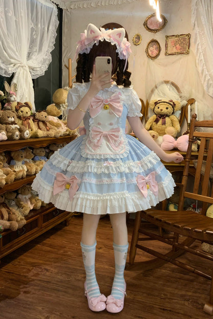Blue [Meowling Sweet Maid] Sleeveless Multi-Layered Ruffle Bowknot Lace Sweet Princess Lolita Jsk Dress