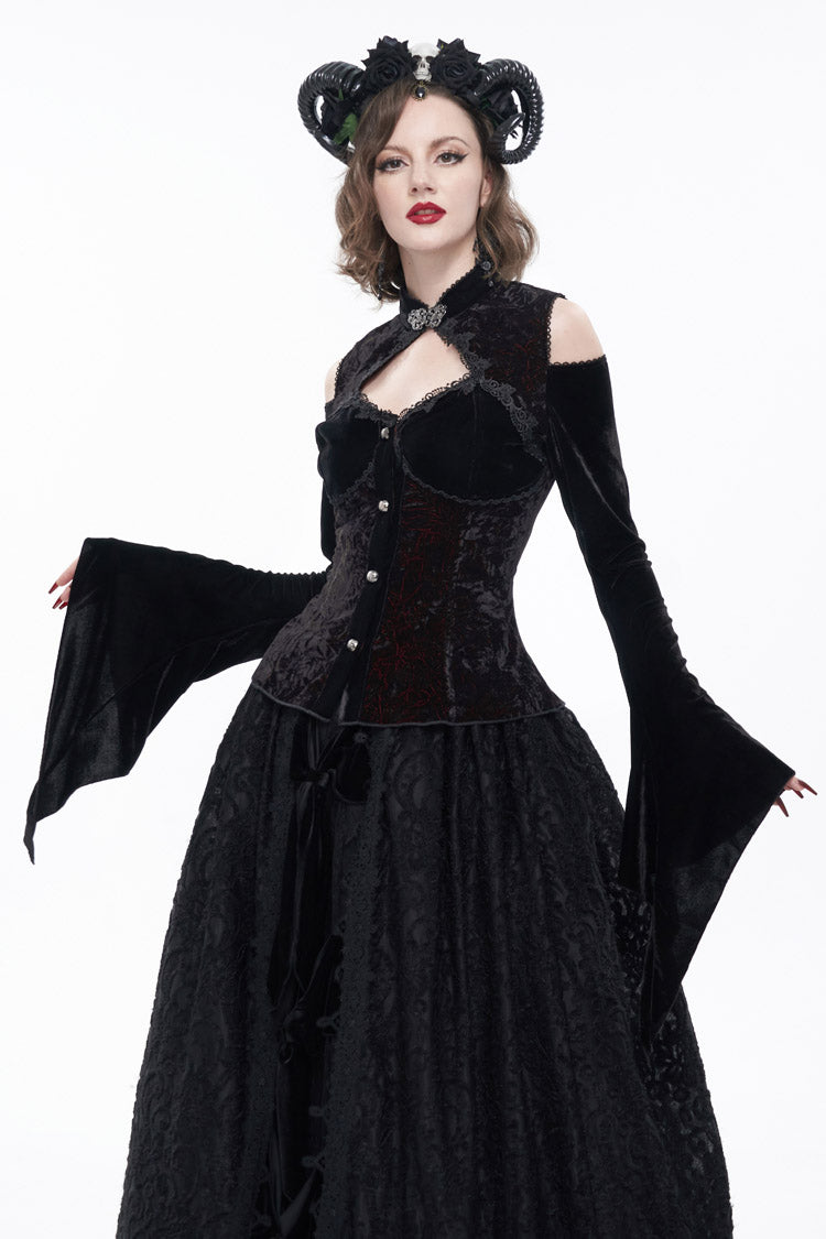 Black/Red Velvet Off-The-Shoulder Cutout Metal Button Flared Sleeve Lace-Up Women's Gothic Shirt