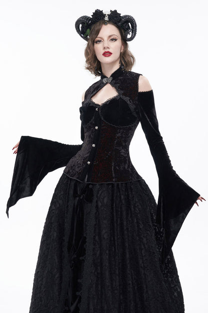 Black/Red Velvet Off-The-Shoulder Cutout Metal Button Flared Sleeve Lace-Up Women's Gothic Shirt