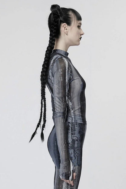 Black/Grey Long Sleeves Print Mesh Tie-dyed Women's Steampunk T-Shirt