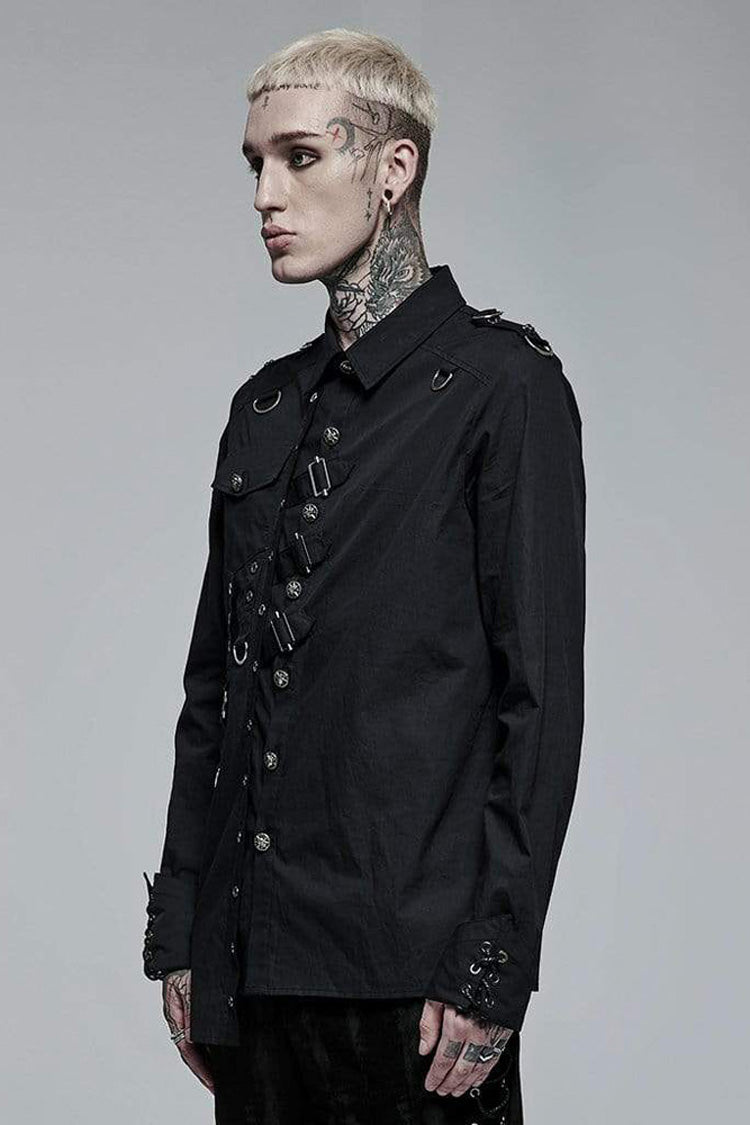 Black Punk Asymmetric Hem Personality Metal Buckle Decorative Soft Long Sleeve Men's Shirt