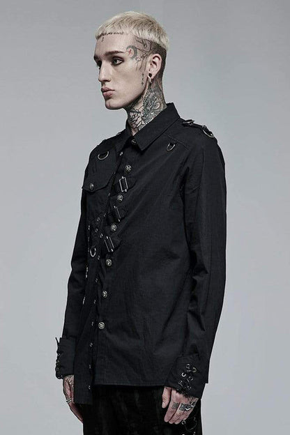 Black Punk Asymmetric Hem Personality Metal Buckle Decorative Soft Long Sleeve Men's Shirt