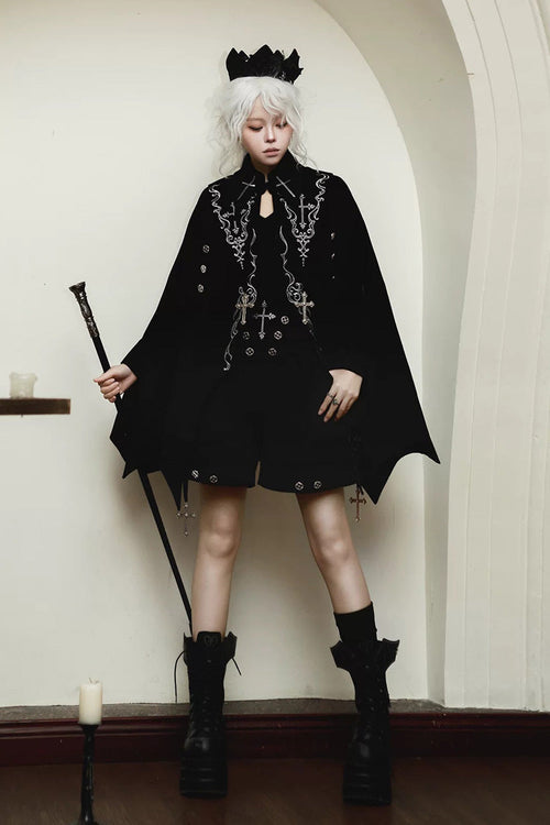 Black [The Eternal Night Descends] Embroidered Ouji Gothic Lolita Cloak Shorts Set