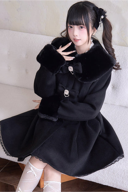 Sweet Plush Collar Waist-cinched Long Sleeves Bowknot Lace Japanese Lolita Coat 4 Colors