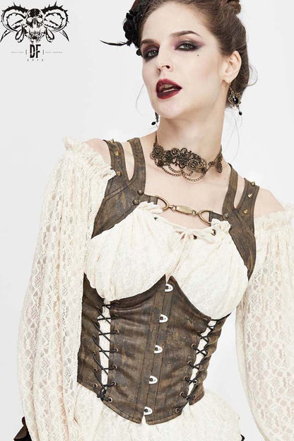 Brown Lace Up Chest Hollow Steel Buckle Rivet Strap Women's Punk Waistcoat