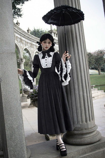 Black [Sleepless Night] Long Hime Sleeves Ruffle Bowknot Gothic Lolita Dress