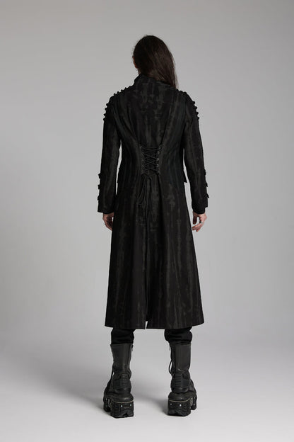 Black Stand Collar Long Sleeves Rivets Strap Zip Men's Punk Long Coat