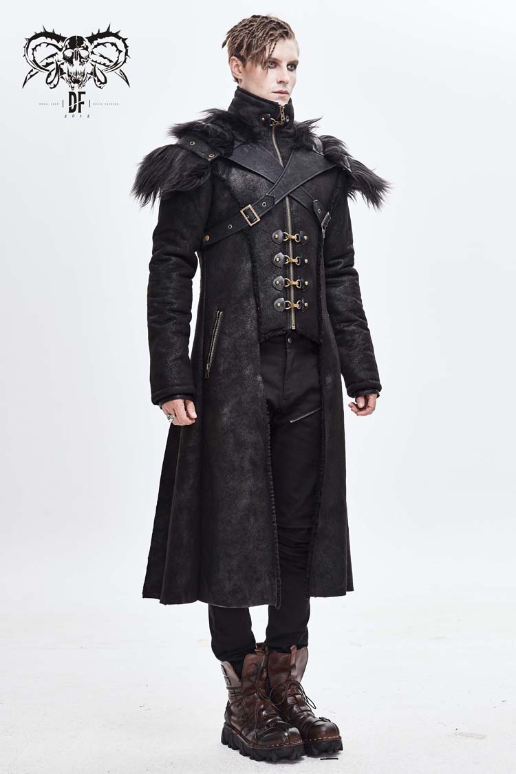 Black Stand Up Collar Shoulder Fur Cape Front Metal Hasp Chest Loops Long Fur Men's Punk Coat