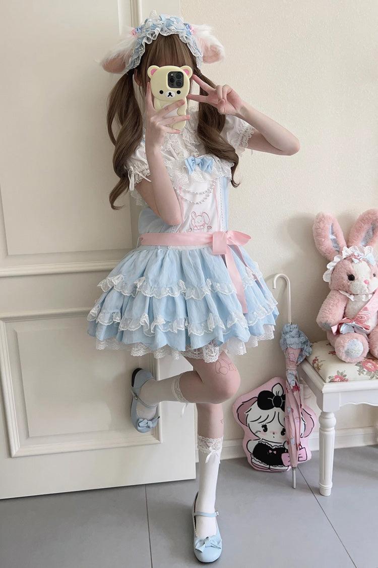Blue Sleeveless Double-Layered Ruffle Rabbit Embroidery Bowknot Lace Sweet Lolita Jsk Dress