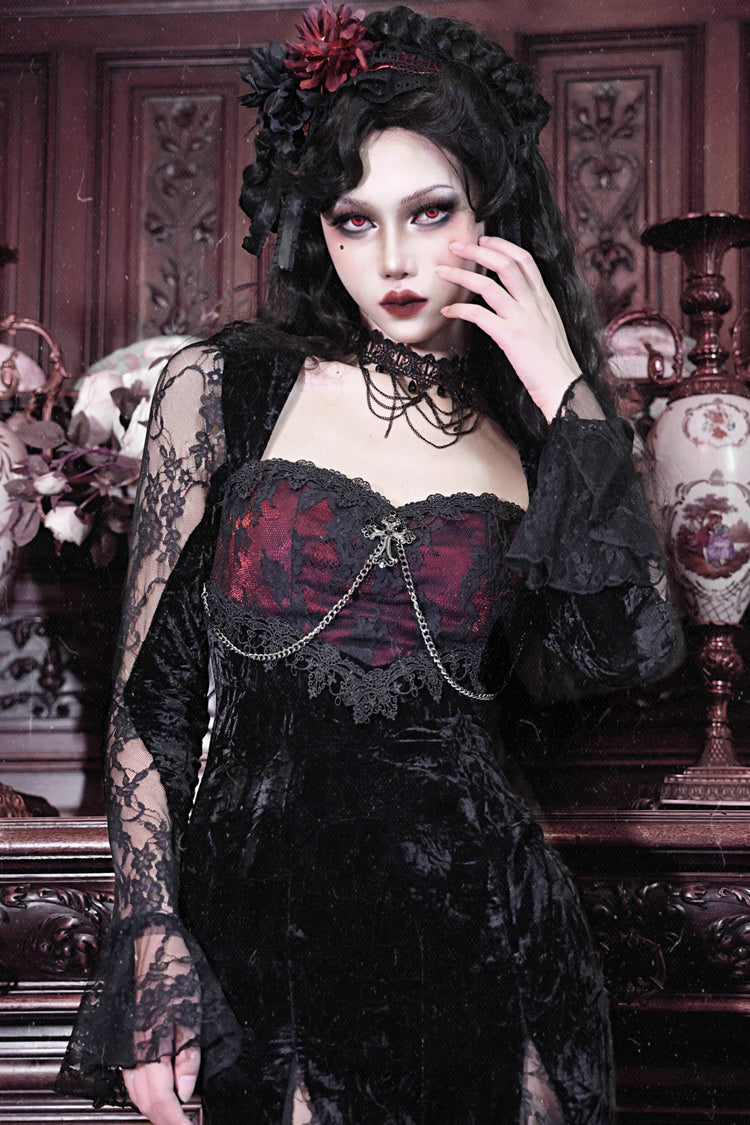 Black/Red [Rose Cemetery] Long Sleeves Lace Slim Gothic Lolita Fishtail Dress