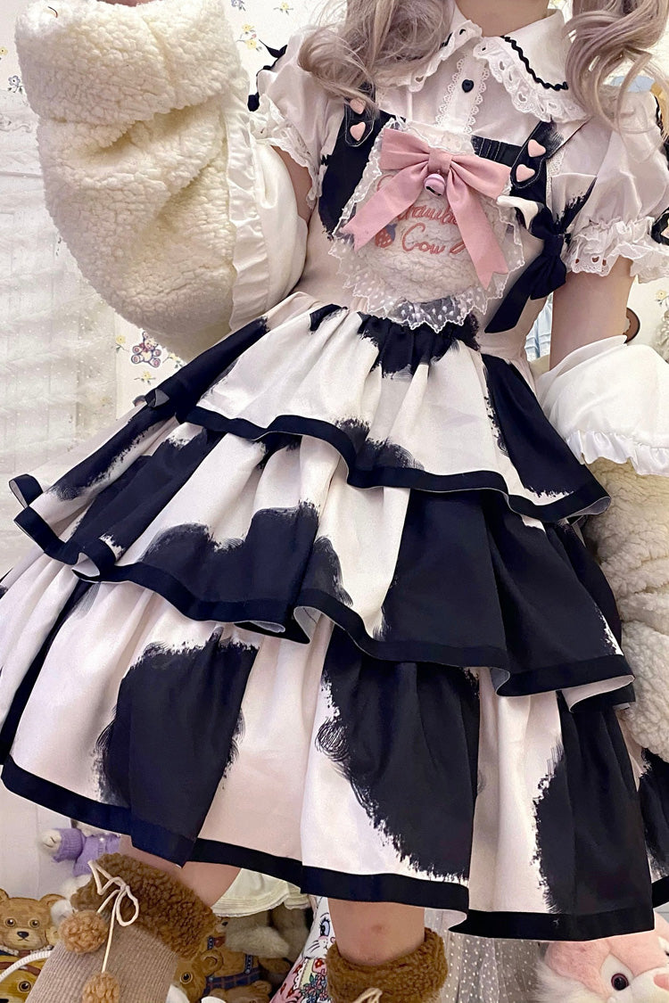 Black Sleeveless Triple-Layered Cow Print Ruffle Bowknot Sweet Lolita Jsk Dress