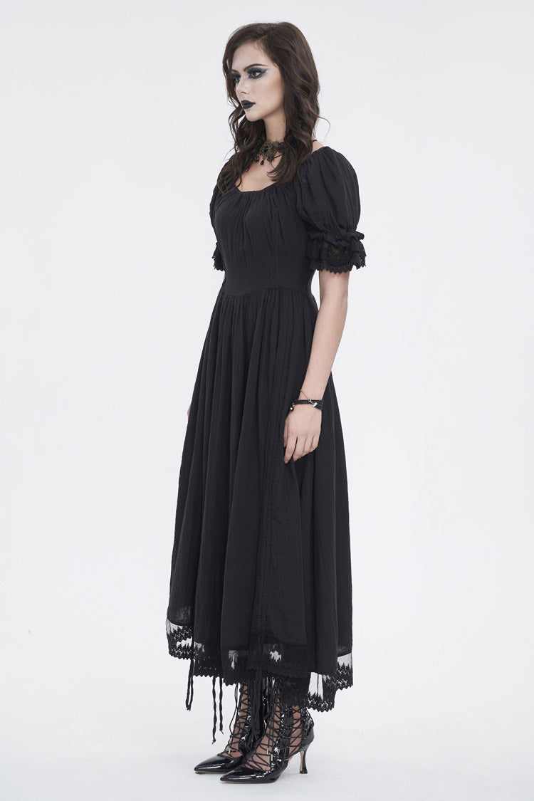 Black Short Sleeves Ruffle Drawstring Women's Gothic Dress