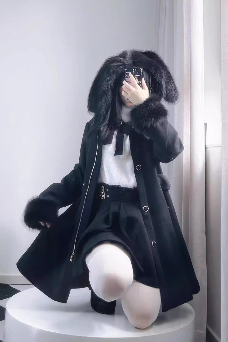 Plush Lop Rabbit Long Sleeves Hooded Detachable Sweet Jirai Kei Lolita Coat 2 Colors