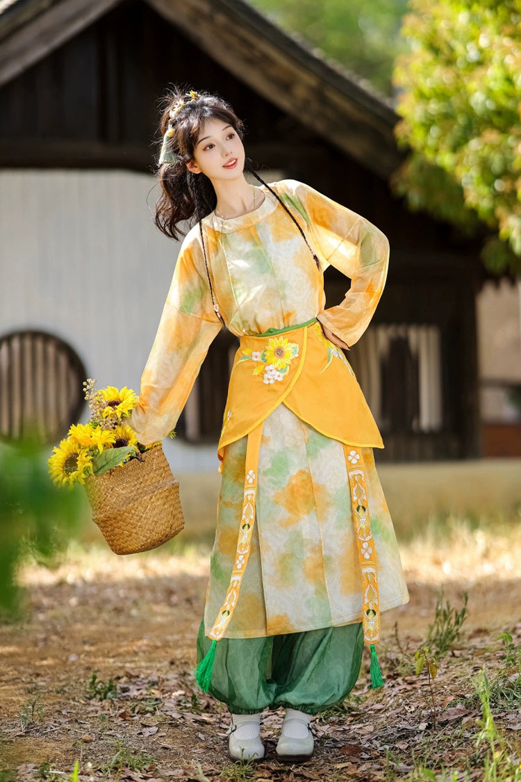 Yellow/Green Round Collar Long Sleeves Print Women's Sweet Hanfu Pants Full Set