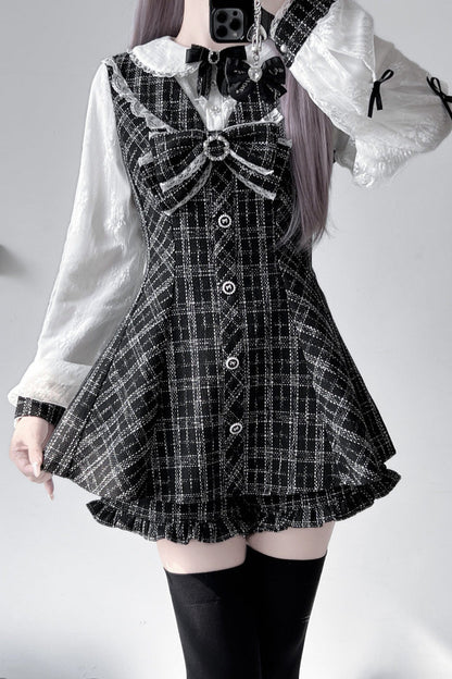 Black/White [Love Sonata] Long Sleeves Ruffle Bowknot Lace Jirai Kei Japanese Dress Set