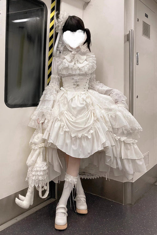 White [Eternal Taboo] Long Hime Sleeves Ruffled Bow Gothic Lolita Skirt Dress Set
