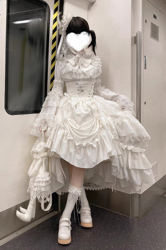 White [Eternal Taboo] Long Hime Sleeves Ruffled Bow Gothic Lolita Skirt Dress Set