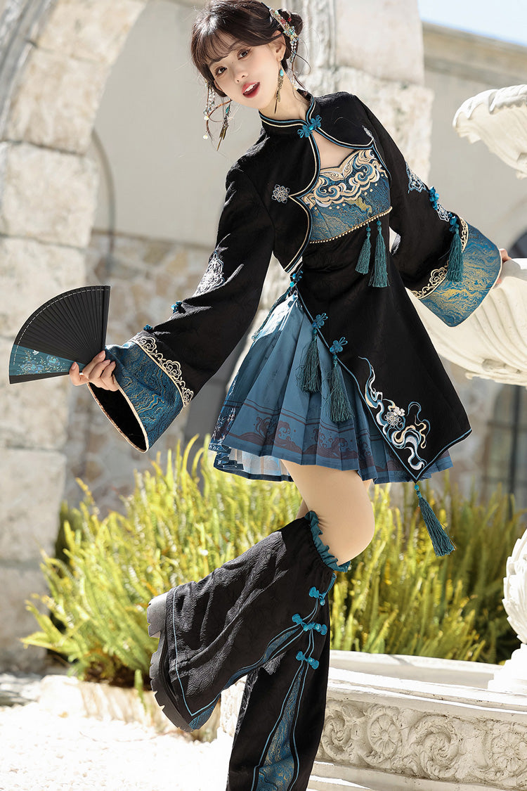 Black/Blue [Misty Teal] Long Sleeves Ruffled Cut-Out Embroidered Asymmetric Chinese Style Classic Lolita Jsk Dress Set