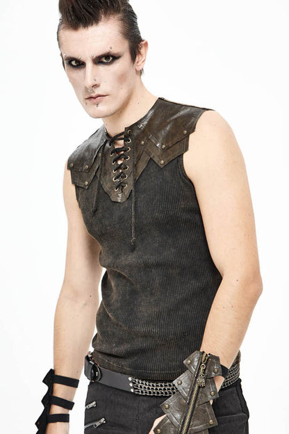 Brown Lace Up Striped Shoulder Armor Shape Chest Knitting Men's Punk Vest