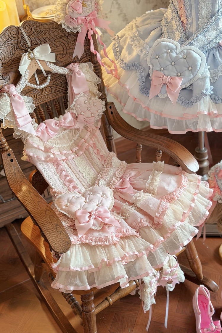 Blue Triple-Layered Ruffled Bow Lace-Up Slim Ballet Sweet Lolita Dress