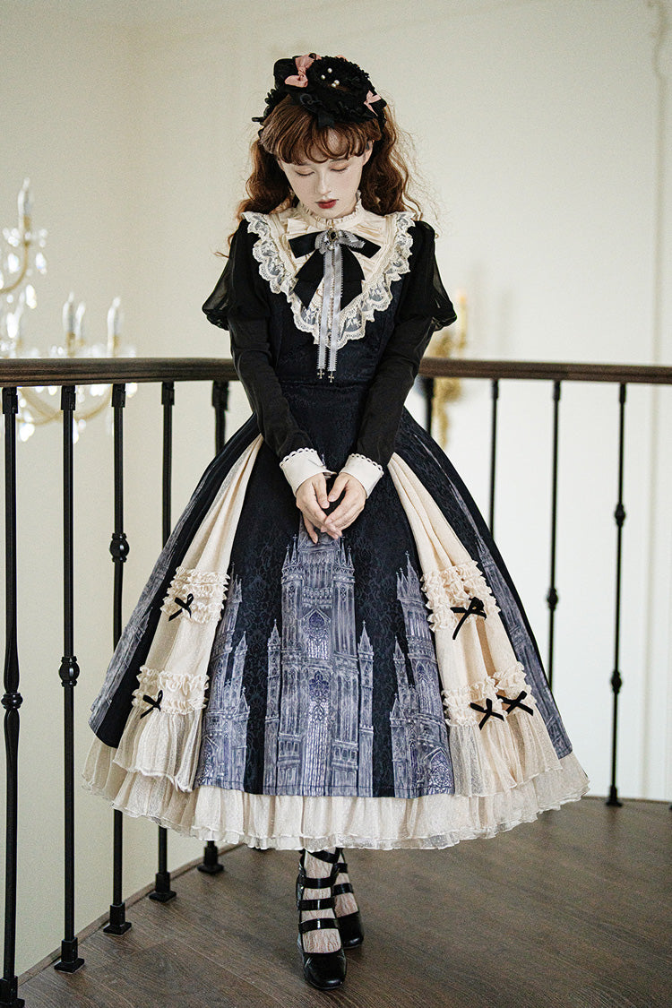 Black/White Church Bells Print Ruffle Cardigan Bowknot Gothic Elegant Lolita Dress