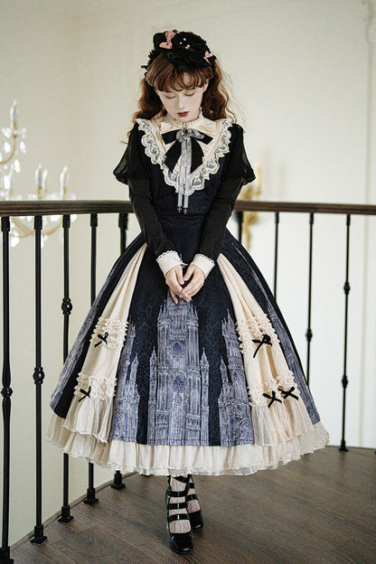 Black/White Church Bells Print Ruffle Cardigan Bowknot Gothic Elegant Lolita Dress