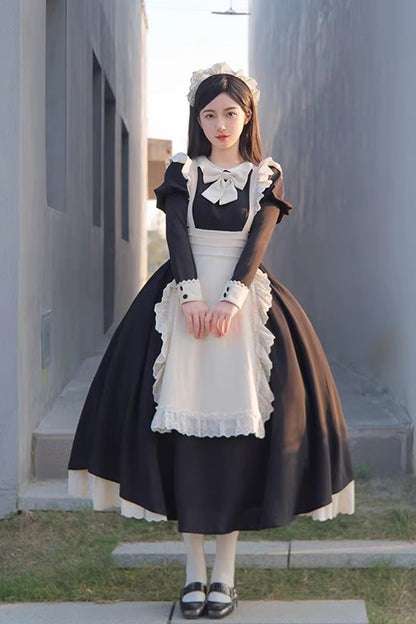 Black/White Round Collar Short Sleeves Ruffled Bow Sweet Elegant Lolita Maid Dress 2 Versions