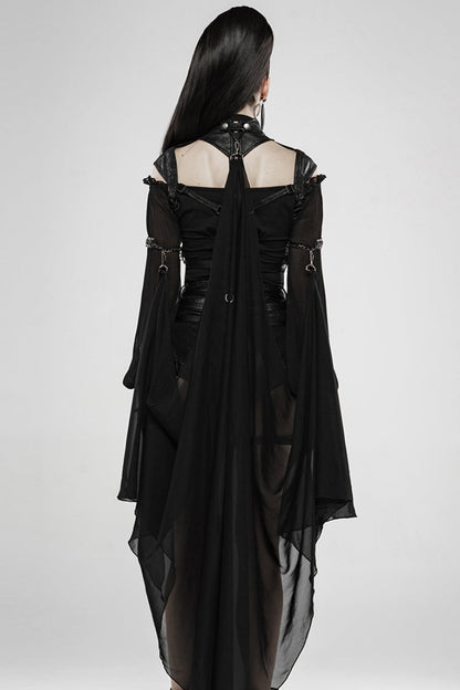 Black Stand Collar Sleeveless Metal Buckle Leather Strap Womens Gothic Cloak